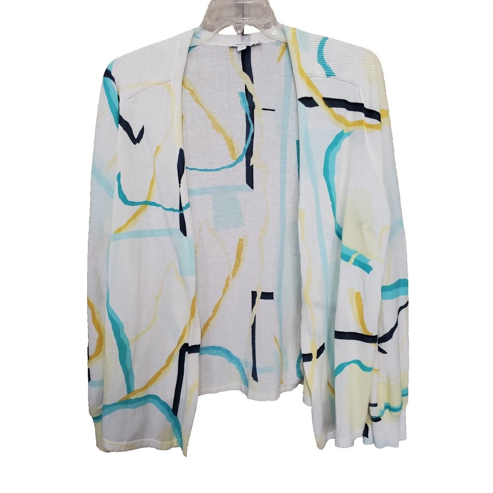 Chico's White Cotton Blend Abstract Print Open Front Long Sleeve Cardigan 3 (XL)